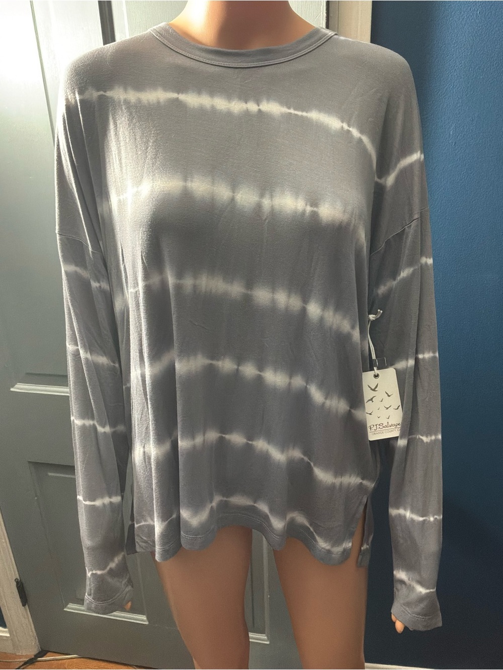 PJ Salvage Gray and White Tie-Dye Long Sleeve Top